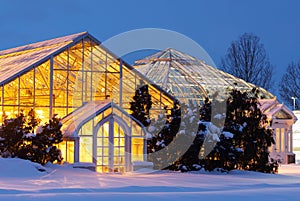 Greenhouse exterior view at twilight during Winter