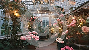 Greenhouse filled with blooming roses. Lush indoor garden with vibrant flowers. Concept of horticulture, green