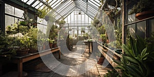 A greenhouse filled with exotic, edible plants, harmoniously combining botany and culinary exploration, concept of