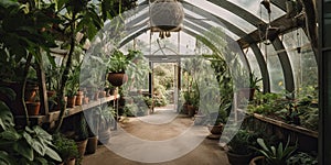 A greenhouse filled with exotic, edible plants, harmoniously combining botany and culinary exploration, concept of