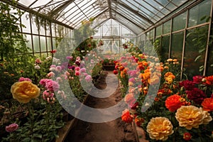 greenhouse filled with vibrant blooms, from roses to tulips