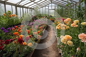 greenhouse filled with vibrant blooms, from roses to tulips
