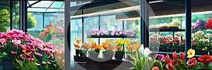 greenhouse with flowers. glassed flower shop photo