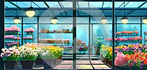 greenhouse with flowers and plants. glassed flower shop