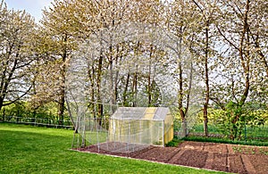 Greenhouse in the garden with cherry blossom trees in the background