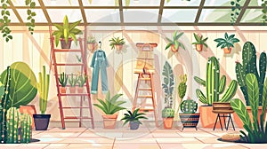 Greenhouse and gardening elements. pants in pot, wooden rack and chair, empty flowerpots. Glasshouse or conservatory