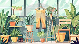 Greenhouse and gardening elements. pants in pot, wooden rack and chair, empty flowerpots. Glasshouse or conservatory