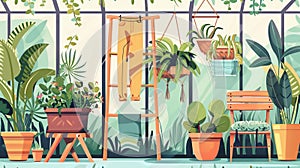 Greenhouse and gardening elements. pants in pot, wooden rack and chair, empty flowerpots. Glasshouse or conservatory