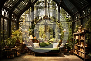 Greenhouse with a green sofa and many plants and books, lamps and windows, modern lifestyle and interior, generative AI