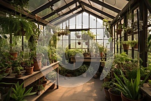 greenhouse with hanging plants, providing a restful atmosphere