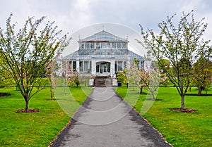 Greenhouse in Kew botanical gardens in spring, London, UK