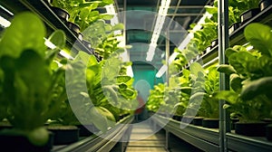 Greenhouse Plant row Grow with LED Light Indoor Farm Agriculture Technology. Generative Ai