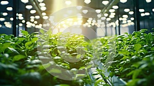 Greenhouse Plant row Grow with LED Light Indoor Farm Agriculture Technology. Generative Ai