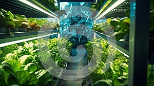 Greenhouse Plant row Grow with LED Light Indoor Farm Agriculture Technology. Generative Ai