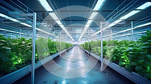 Greenhouse Plant row Grow with LED Light Indoor Farm Agriculture Technology. Generative Ai