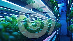 Greenhouse Plant row Grow with LED Light Indoor Farm Agriculture Technology. Generative Ai