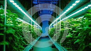 Greenhouse Plant row Grow with LED Light Indoor Farm Agriculture Technology. Generative Ai