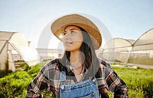 Greenhouse, plantation and woman farmer thinking in garden field. Farming with carbon capture positive environmental