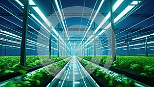 Greenhouse with rows of lettuce plants in greenhouse