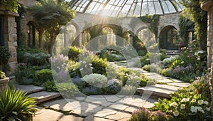 Beautiful greenhouse swathed in the glow of a sunlit day photo