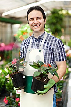 Greenhouse worker holding flower pots