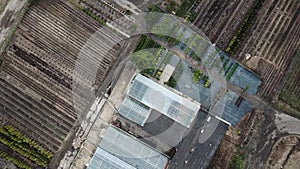 Greenhouses and beds. VR Williams, Lugovaya district of Lobnya. Moscow region, Russia. Aerial view