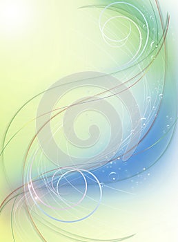 Greenish blue background with curls, thin curved lines and bubbles