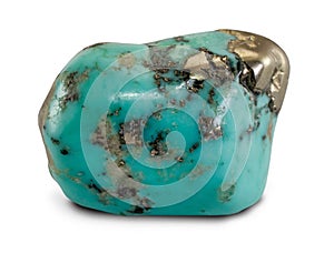 Greenish blue color rough turquoise stone with shiny pyrite, isolated on white background. Turquoise stone from Arizona