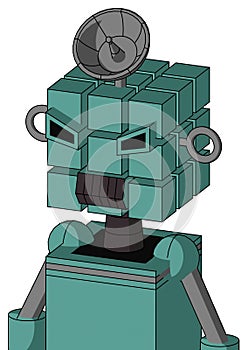 Greenish Mech With Cube Head And Dark Tooth Mouth And Angry Eyes And Radar Dish Hat