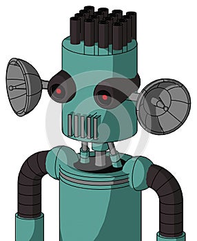 Greenish Mech With Cylinder Head And Vent Mouth And Black Glowing Red Eyes And Pipe Hair