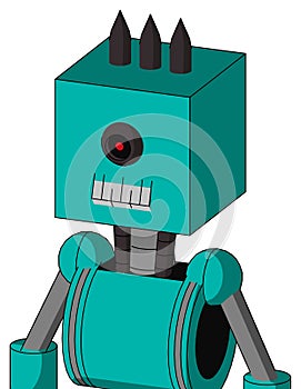 Greenish Robot With Box Head And Teeth Mouth And Black Cyclops Eye And Three Dark Spikes