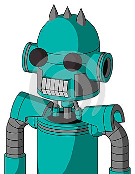 Greenish Robot With Dome Head And Teeth Mouth And Two Eyes And Three Spiked