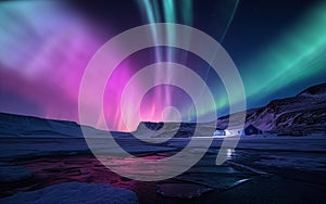 Greenland Aurora Above A House by the Shore AI Generated