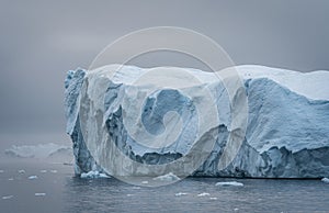 Greenland. The biggest glacier on a planet Jakobshavn. Huge icebergs of different forms in the gulf. Studying of a