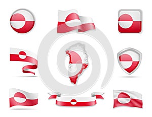 Greenland flags collection. Vector illustration set flags and outline of the country