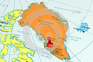 Greenland, Nuuk - main city, pinned on political map