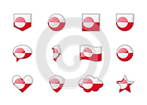 Greenland - set of shiny flags of different shapes.