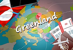 Greenland travel concept map background with planes, tickets. Vi