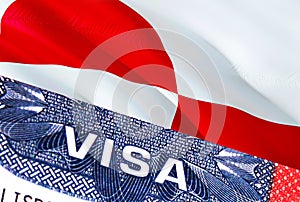 Greenland Visa Document, with Greenland flag in background. Greenland flag with Close up text VISA on USA visa stamp in passport,