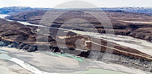 Greenlandic tundra landscape with  river from ice cap melting, aerial view, near Kangerlussuaq, Greenland