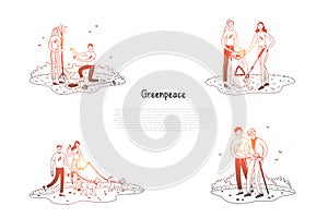 Greenpeace - people collecting garbage, planting trees, helping elderly people, walking dogs vector concept set photo