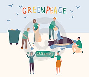 Greenpeace People Set Clean up Land Save Animal. Volunteer Group Prevent Global Pollution World and Pour Water Dolphin