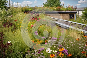 greenroof garden with blooming flowers and butterflies