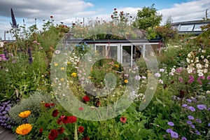 greenroof garden with blooming flowers and butterflies