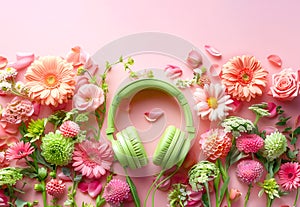 Greens over-ear headphones adorned with of fresh flowers and peach gerberas on pink background. Visually contrast