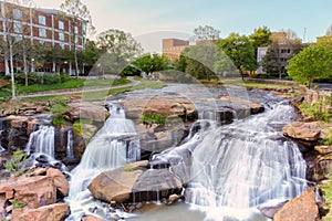 Greenville downtown park and waterfall view from Liberty bridge