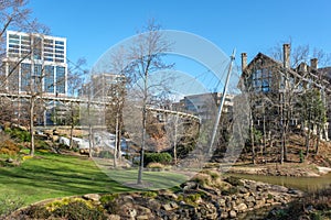 Greenville, South Carolina city view from Falls Park on the Reedy with Liberty Bridge