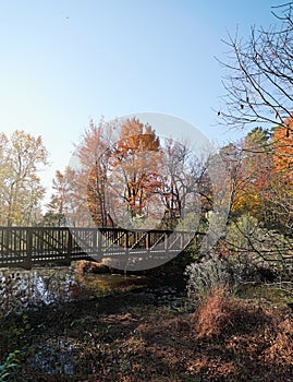 Greenway walking path bridge at Lake Raleigh with colorful Fall foliage