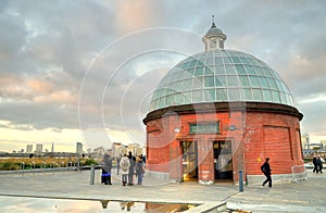 The Greenwich Foot Tunnel crosses beneath the River Thames in East London