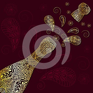 Greeting background with gold patterned champagne bottle with cork emitted. Ornament in ethnic style with the Indian henna motive.